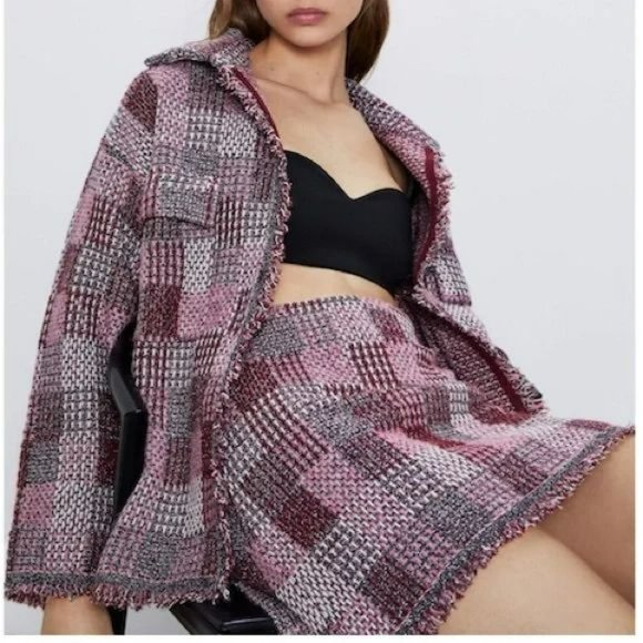 ZARA 2 PCS PLAID KNIT METALLIC THREAD JACKET + SKIRT - Picture 5 of 6